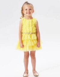 Dievčenské šaty s trblietajúcim sa opaskom žlté mimi kids 1230000611 (2)